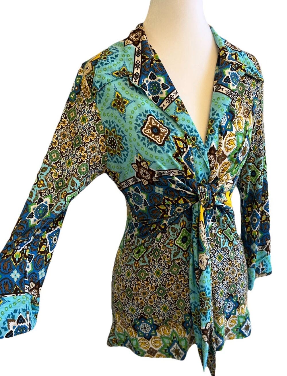 VTG 90s Boho Sexy Top Women’s S Stretch Retro Tropical Abstract ¾ Mesmerize
